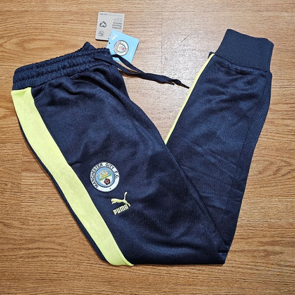 PUMA Manchester City Soccer Fleece Joggers T7 Pants Men's L Navy Yellow Halland
